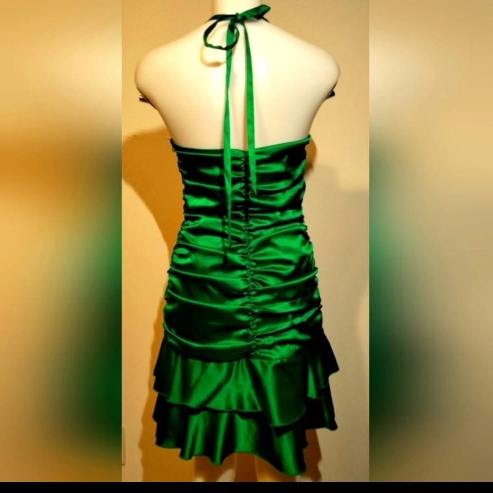 Jessica McClintock Emerald Green Satin Ruched Mini Dress - Picture 4 of 5